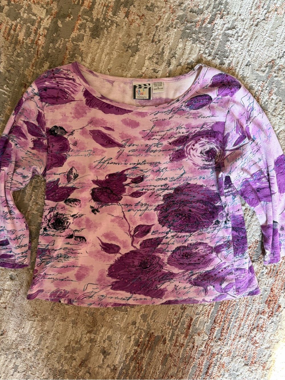 Take Two Clothing Co. Y2K Purple Floral Script Beaded 3/4 Sleeve Top Size L
